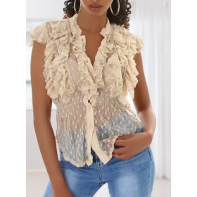   Elegáns áttetsző rövid ujjú csipkés bézs blúz (TS237)