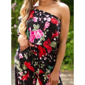 Hosszú fekete mintás lenge félvállas overál