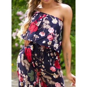 Hosszú kék mintás lenge félvállas overál