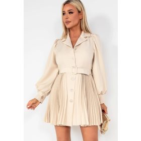 Bézs színű elegáns rakott blézer ruha övvel