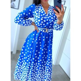 Gyönyörű kék pöttyös maxiruha övvel