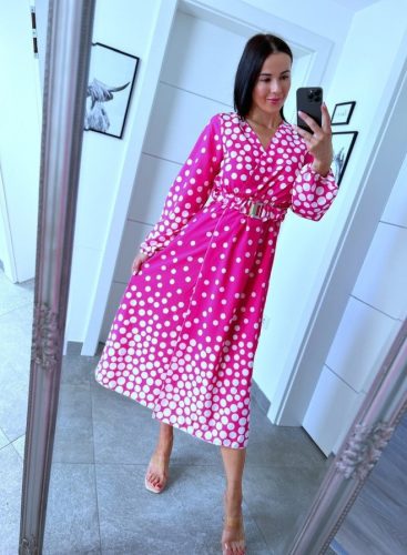 Gyönyörű pink pöttyös maxiruha övvel